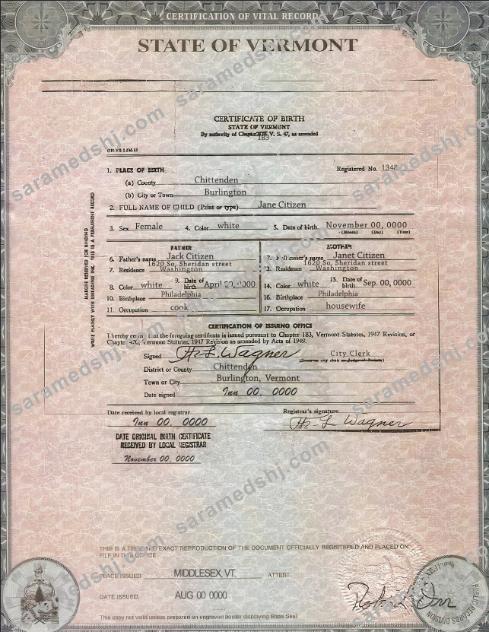 USA Vermont state birth certificate template in PSD format